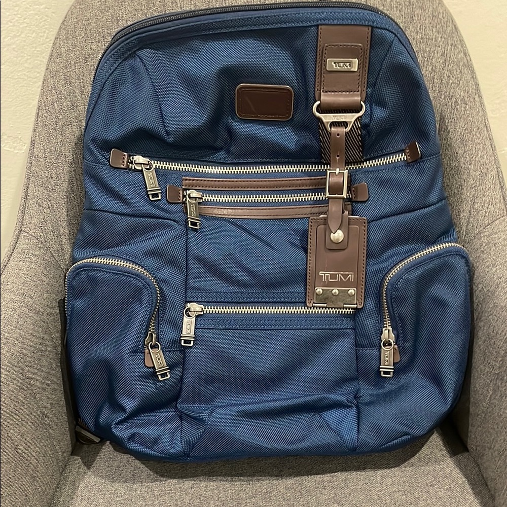 Tumi Blue and Brown Backpack with Leather Accents